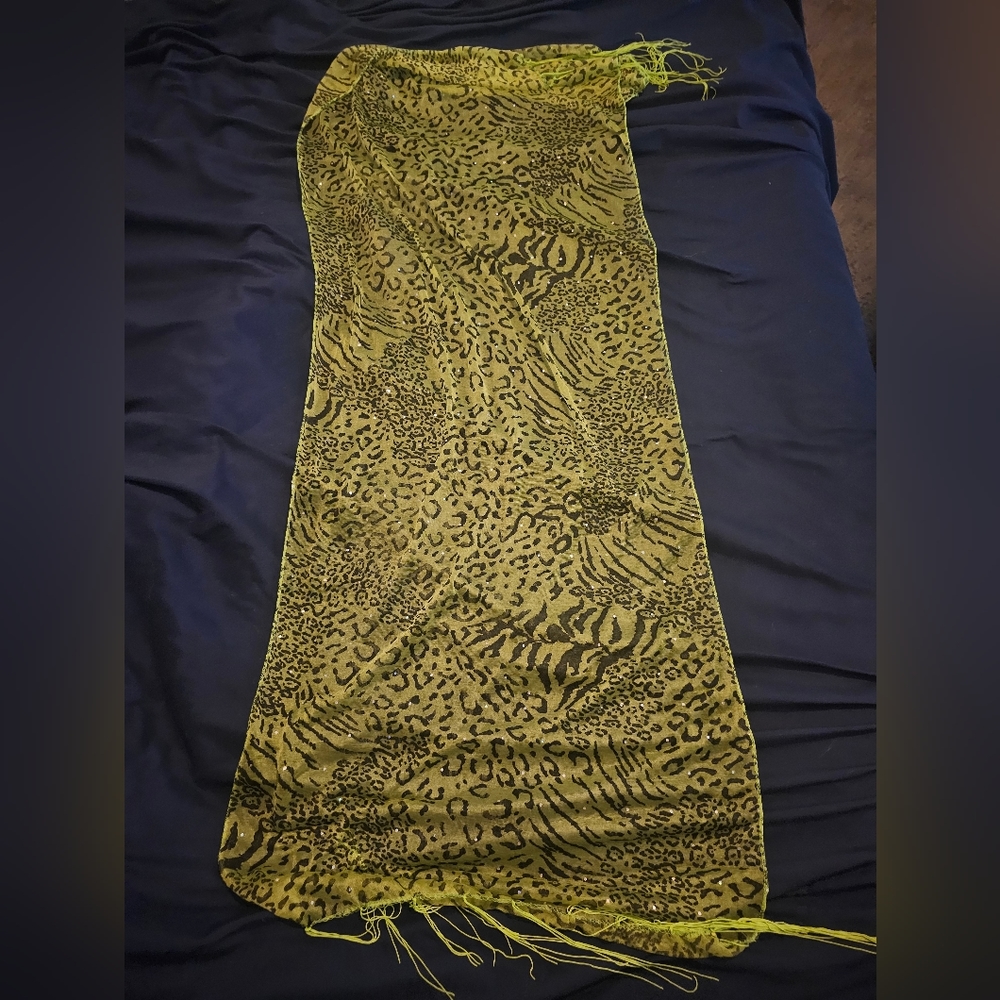 Bright Green Animal Print Scarf With Rhinestones